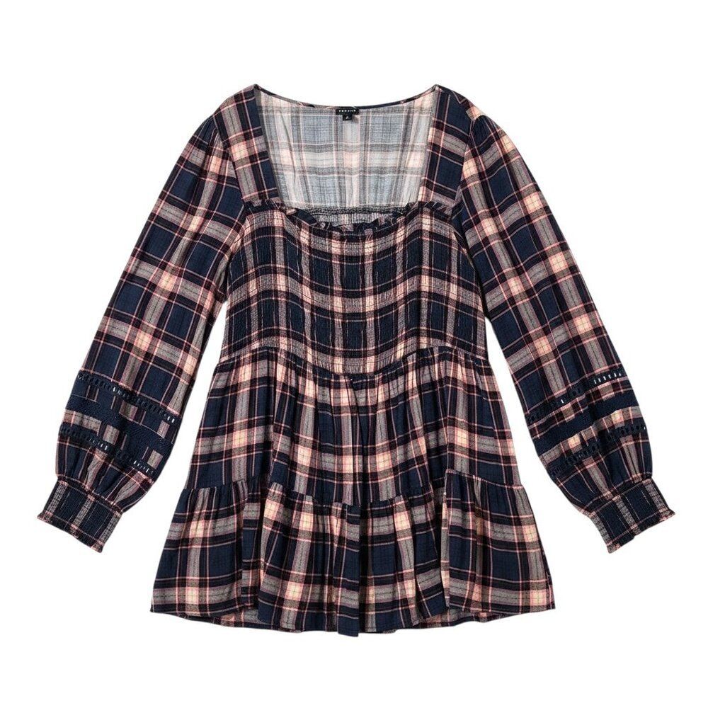 Torrid Babydoll w/ Lace Insert Smocked Tiered Top Blue/Pink Plaid SZ 4 ( 26) EUC - Picture 5 of 8